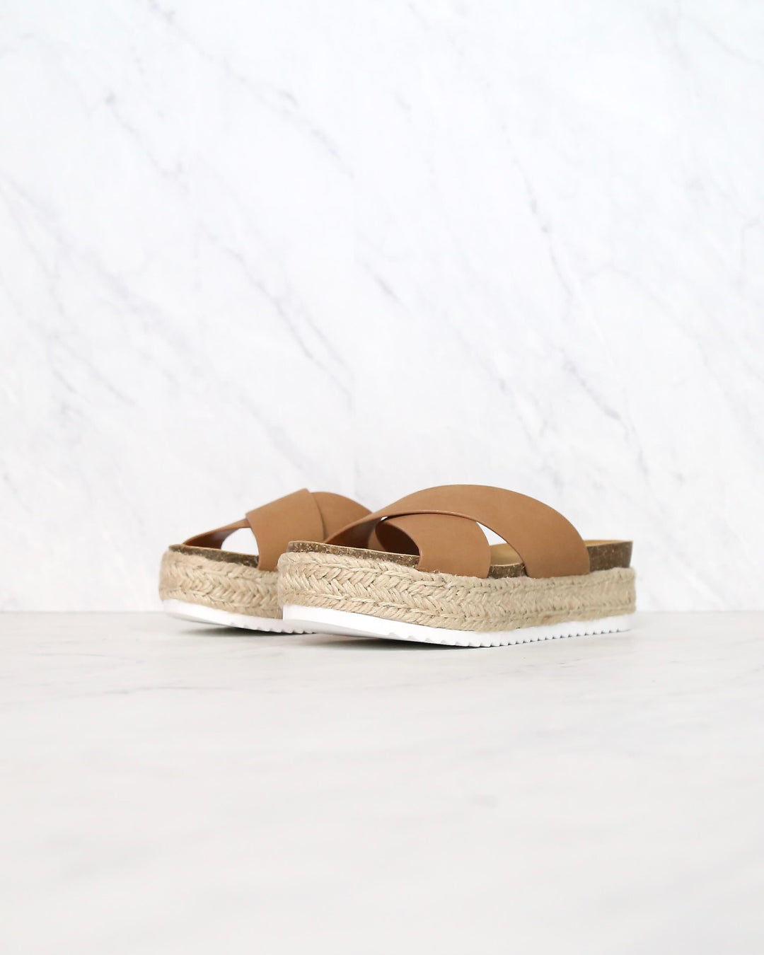 Tan Criss Cross Platform Slip On Sandals