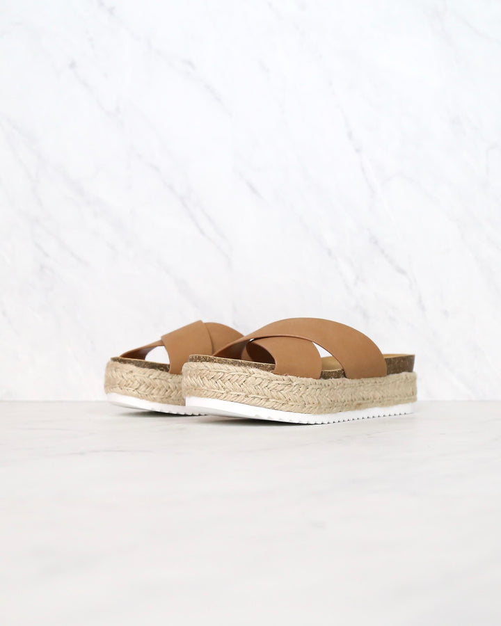 Tan Criss Cross Platform Slip On Sandals