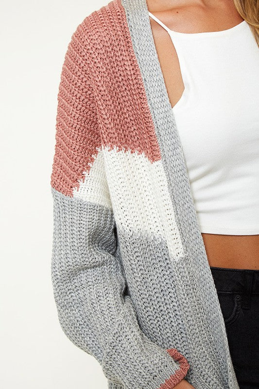 Open Front Longline Colorblock Knit Cardigan with Pockets in Mauve/Multi