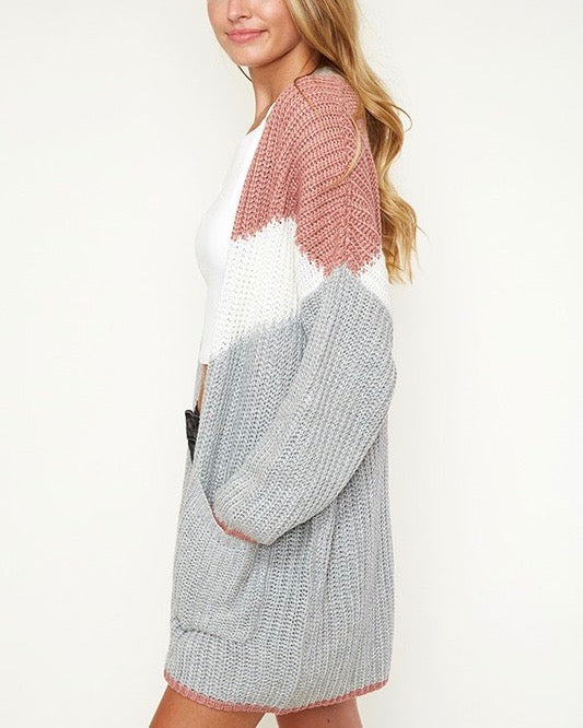 Open Front Longline Colorblock Knit Cardigan with Pockets in Mauve/Multi