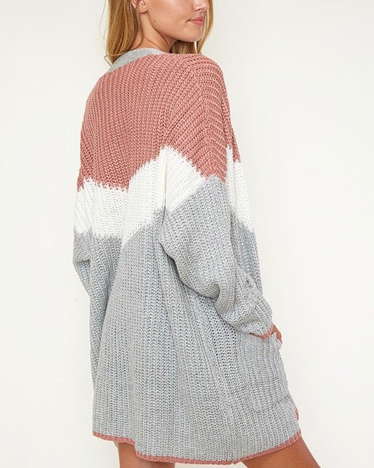 Open Front Longline Colorblock Knit Cardigan with Pockets in Mauve/Multi