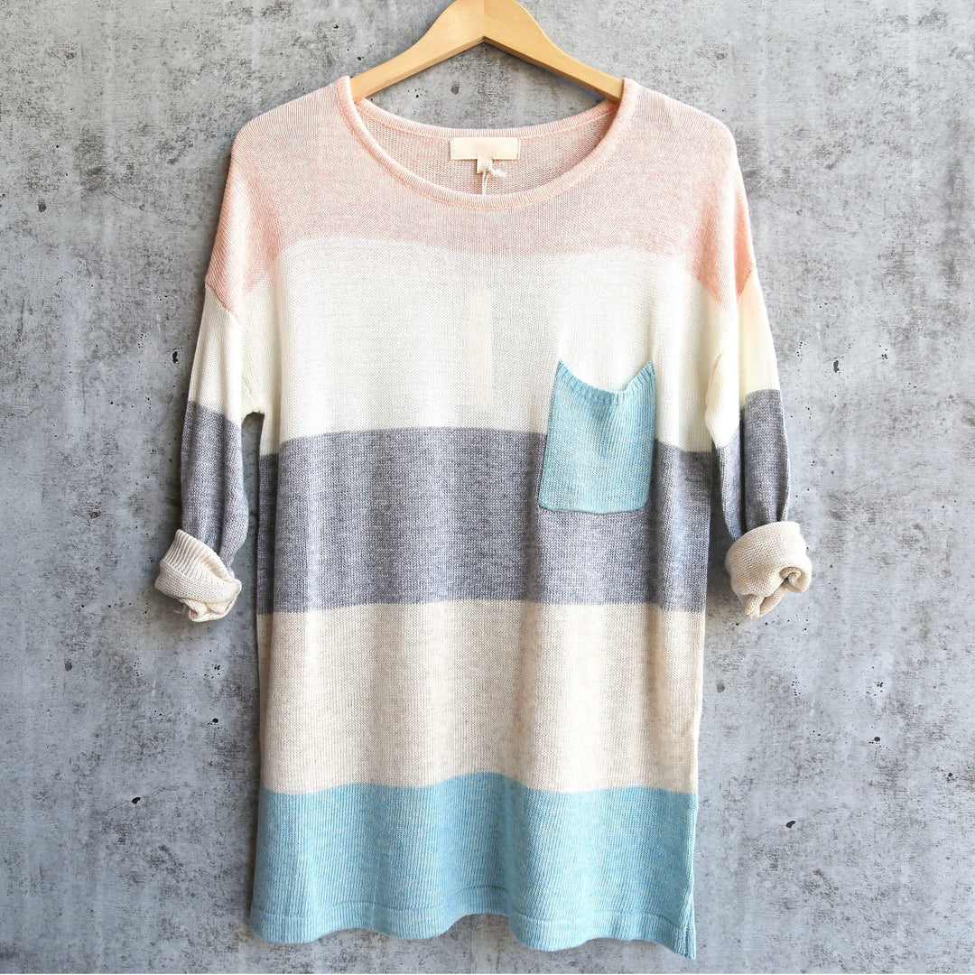 Eden Long Sleeve Color Block Sweater Tunic in Blue Multi