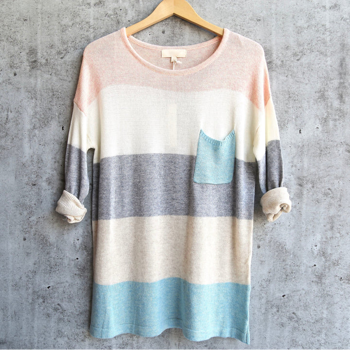 Eden Long Sleeve Color Block Sweater Tunic in Blue Multi