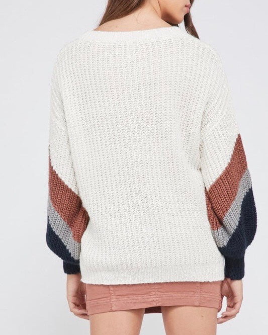 Final Sale - Colorblock Sleeved Chunky Knit V-Neck Sweater - Ivory/Brick