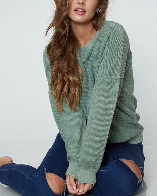 Long Sleeve Corduroy Knit Crew Neck Sweatshirt in More Colors