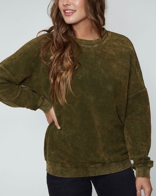 Long Sleeve Corduroy Knit Crew Neck Sweatshirt in More Colors