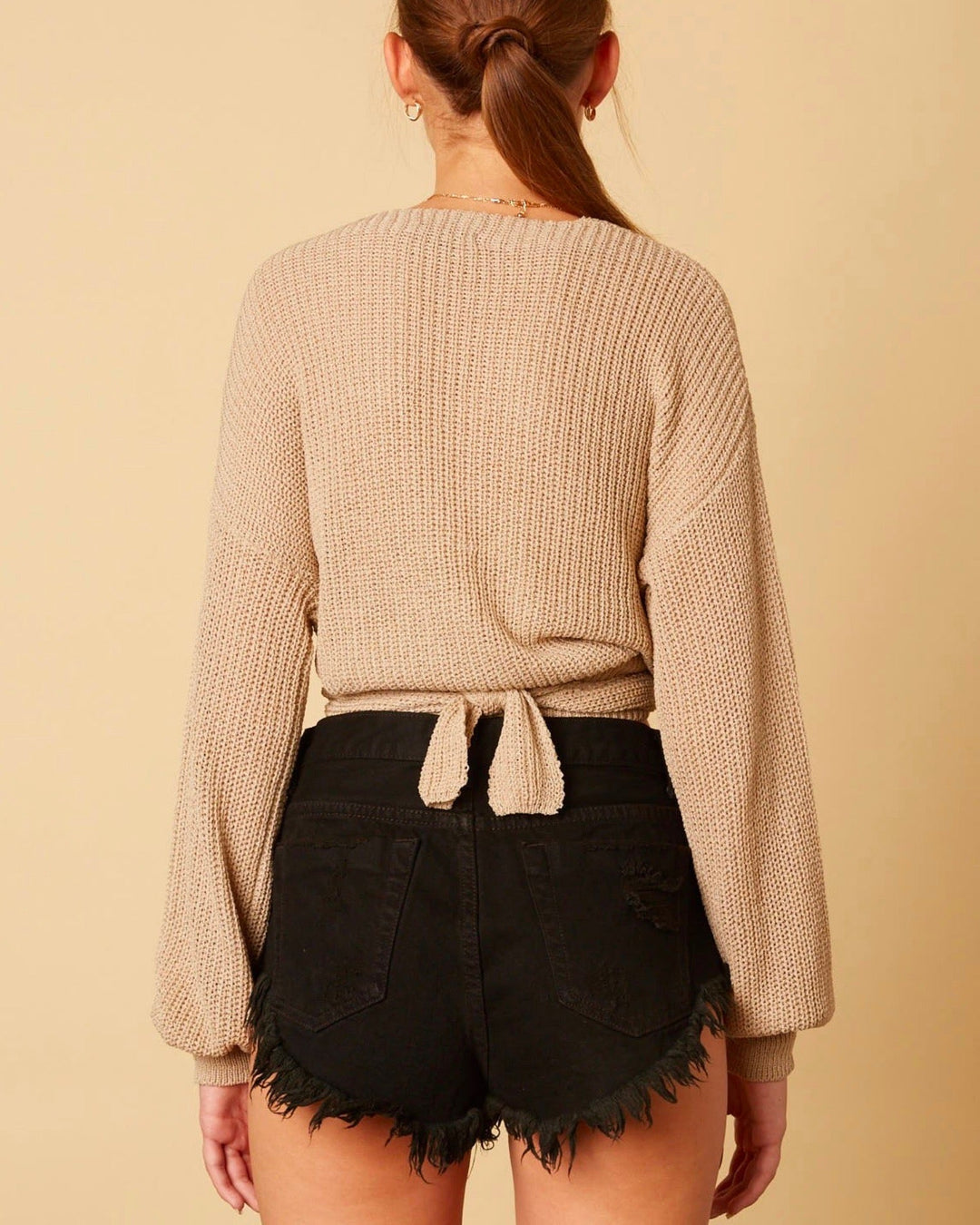 Cotton Candy LA - Bishop Sleeves Dropped Shoulder Wrap Cropped Sweater in Stone