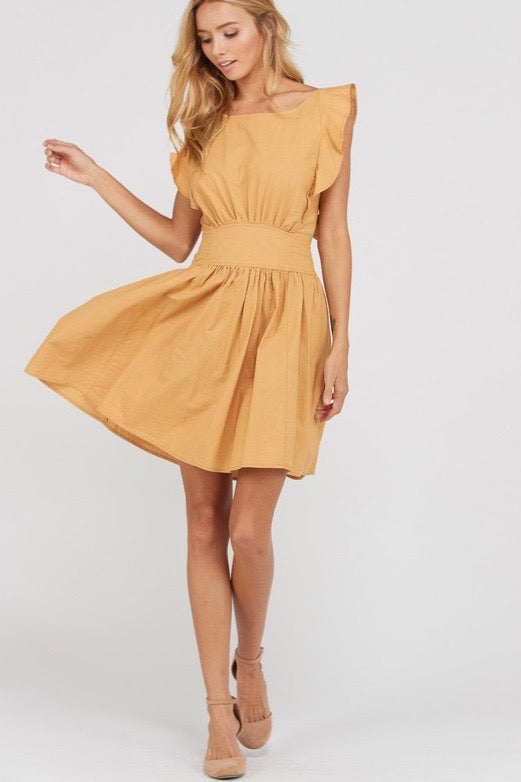 Open Bow Back Cotton Fit and Flare Mini Dress - Mustard