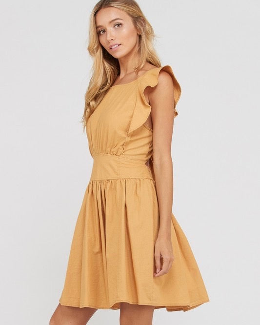 Open Bow Back Cotton Fit and Flare Mini Dress - Mustard