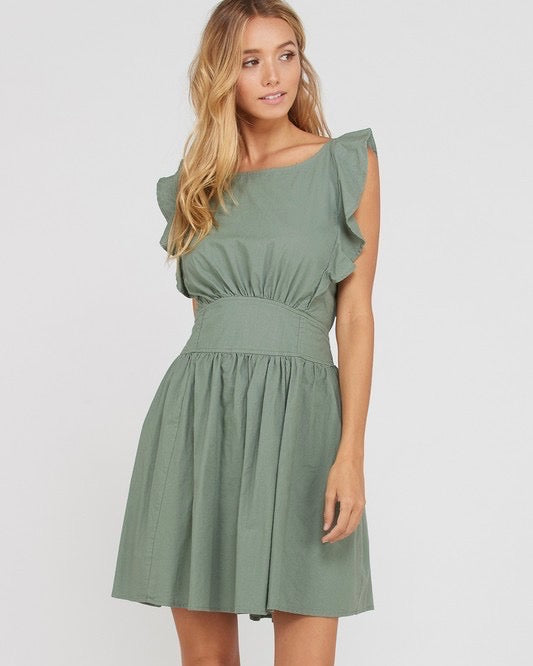 Final Sale - Open Bow Back Cotton Fit and Flare Mini Dress - Olive