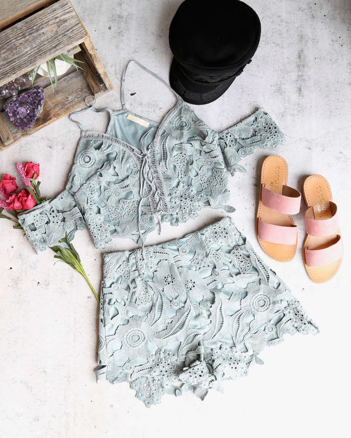 Wanderlust Floral Lace Off The Shoulder Two Piece Set in Slate Blue