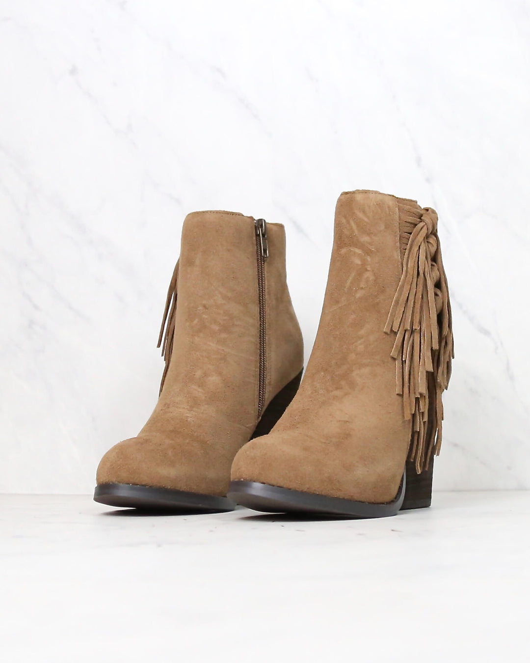 Very Volatile - Dreamcatch Light Brown Suede Fringe Booties