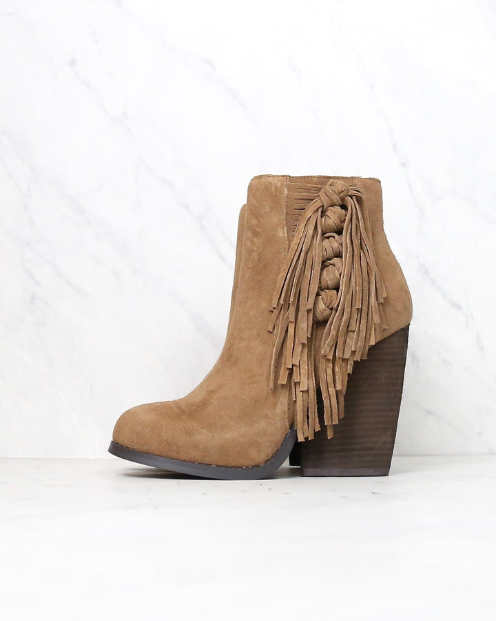 Very Volatile - Dreamcatch Light Brown Suede Fringe Booties