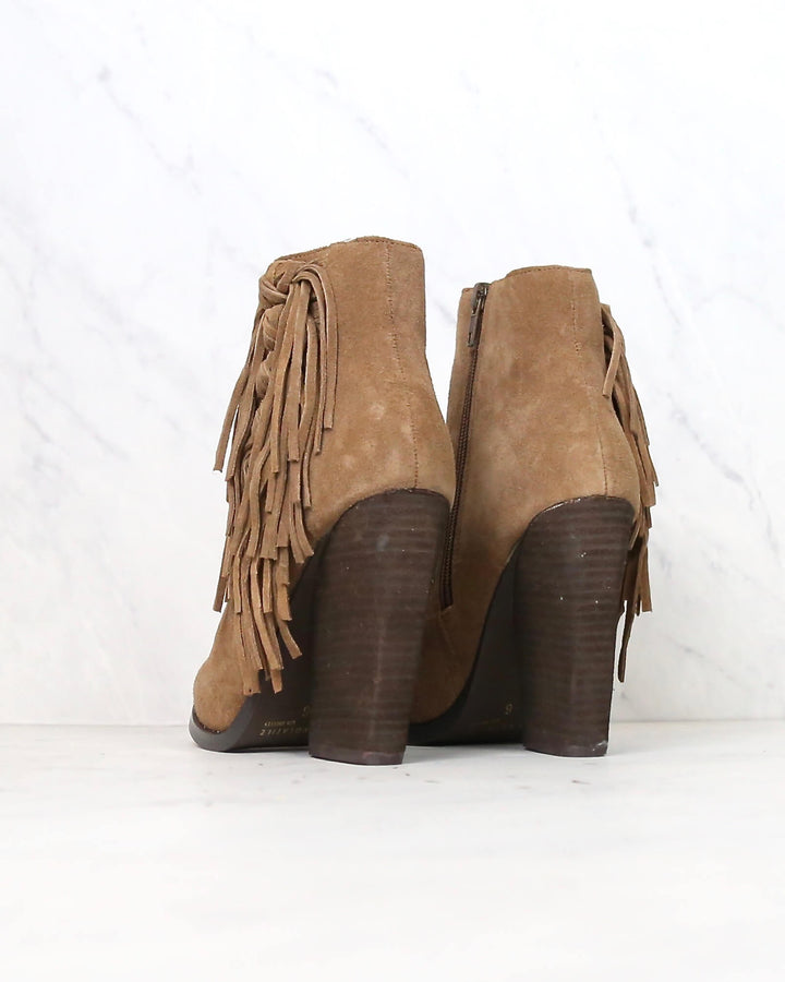 Very Volatile - Dreamcatch Light Brown Suede Fringe Booties