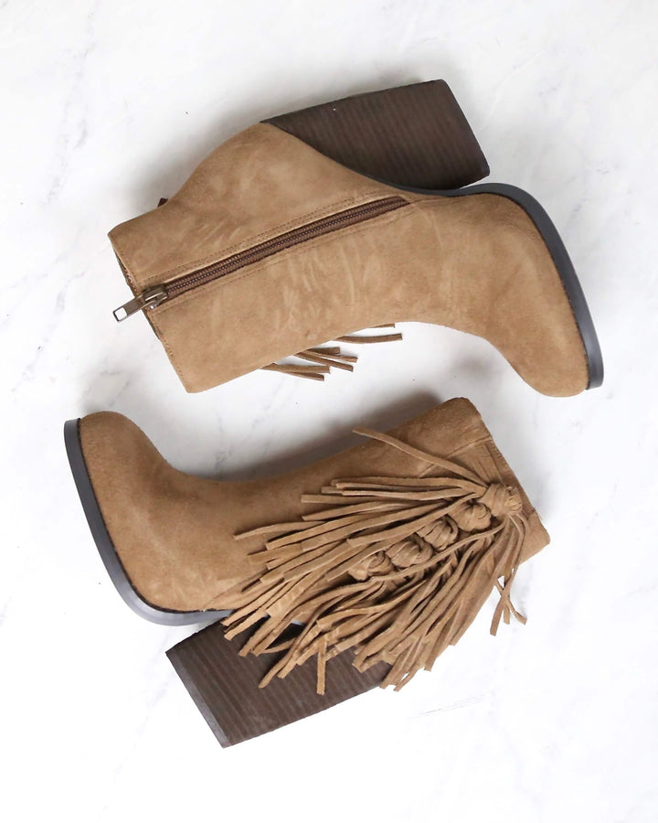 Very Volatile - Dreamcatch Light Brown Suede Fringe Booties