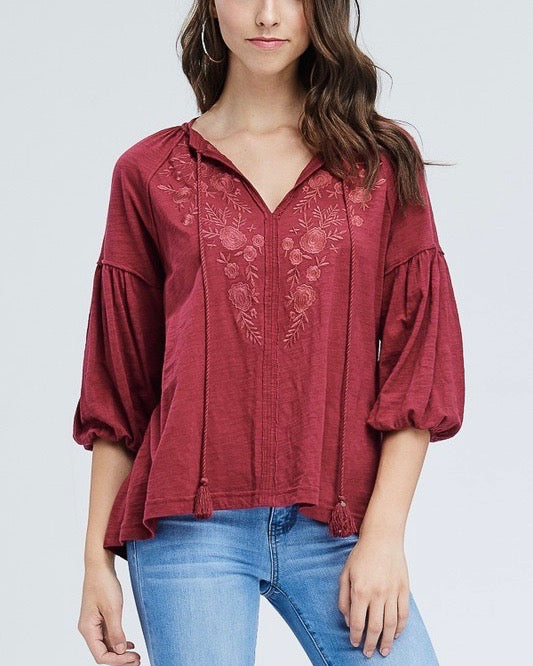 Drop Shoulder Boho Tassel Top with Embroidered Detail in Burgundy
