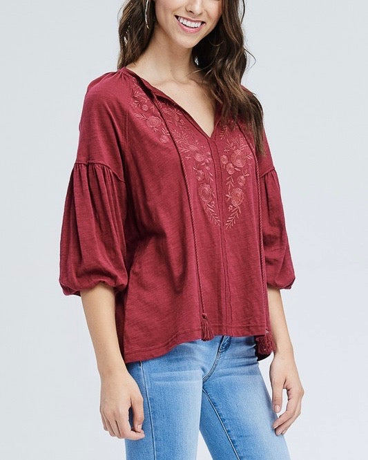 Drop Shoulder Boho Tassel Top with Embroidered Detail in Burgundy