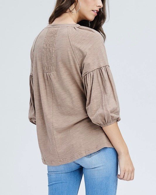 Drop Shoulder Boho Tassel Top with Embroidered Detail in Taupe