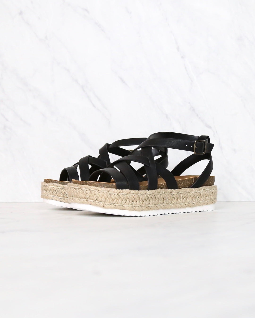 Strappy Sporty Espadrille Flatform Sandal Wedges - BLACK