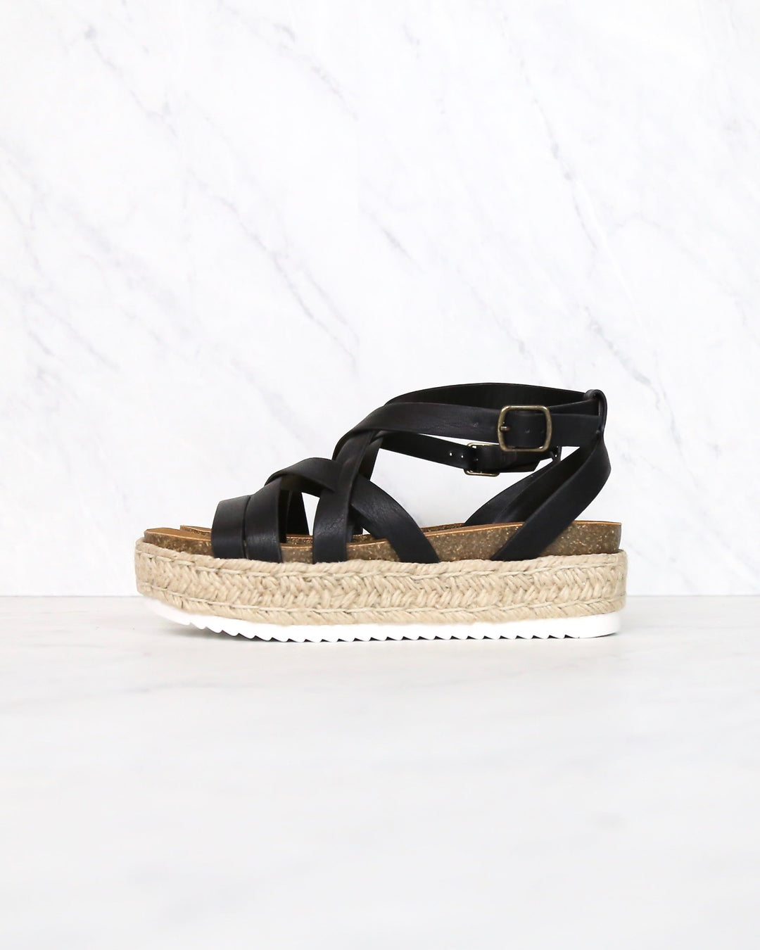 Strappy Sporty Espadrille Flatform Sandal Wedges - BLACK