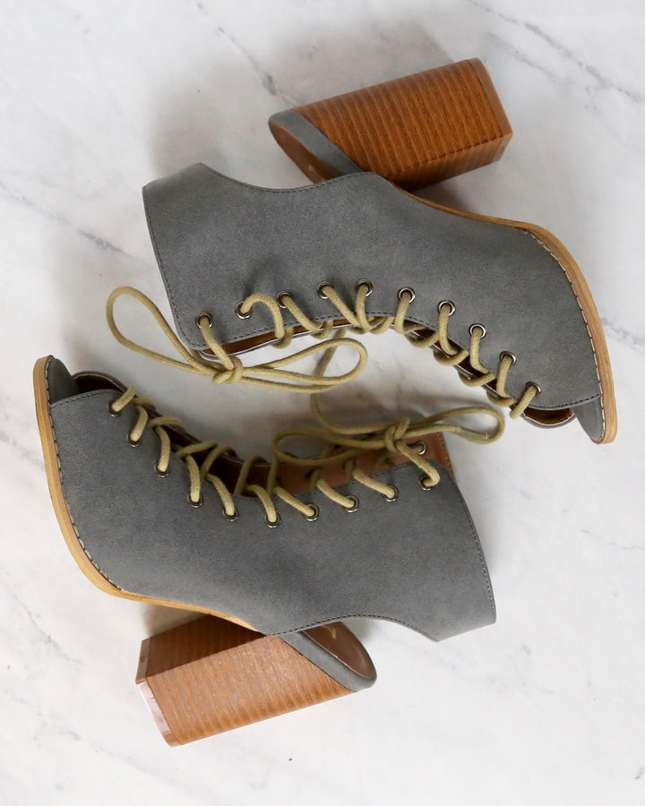 Final Sale - Minimalist Lace Up Peep Toe Heel in Grey