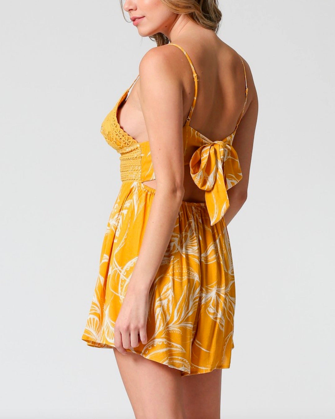 Floral Lace Inset Romper in Mustard