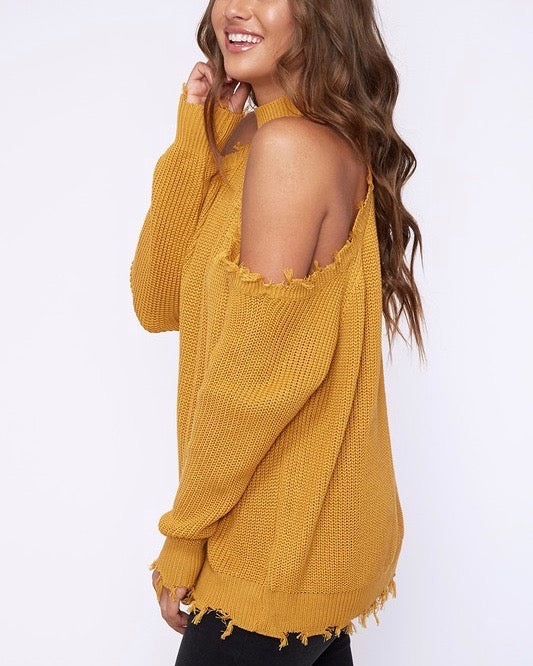Frayed Hem Cold Shoulder Sweater in Mustard