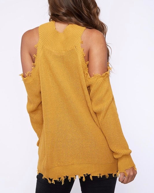 Frayed Hem Cold Shoulder Sweater in Mustard