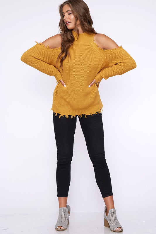 Frayed Hem Cold Shoulder Sweater in Mustard