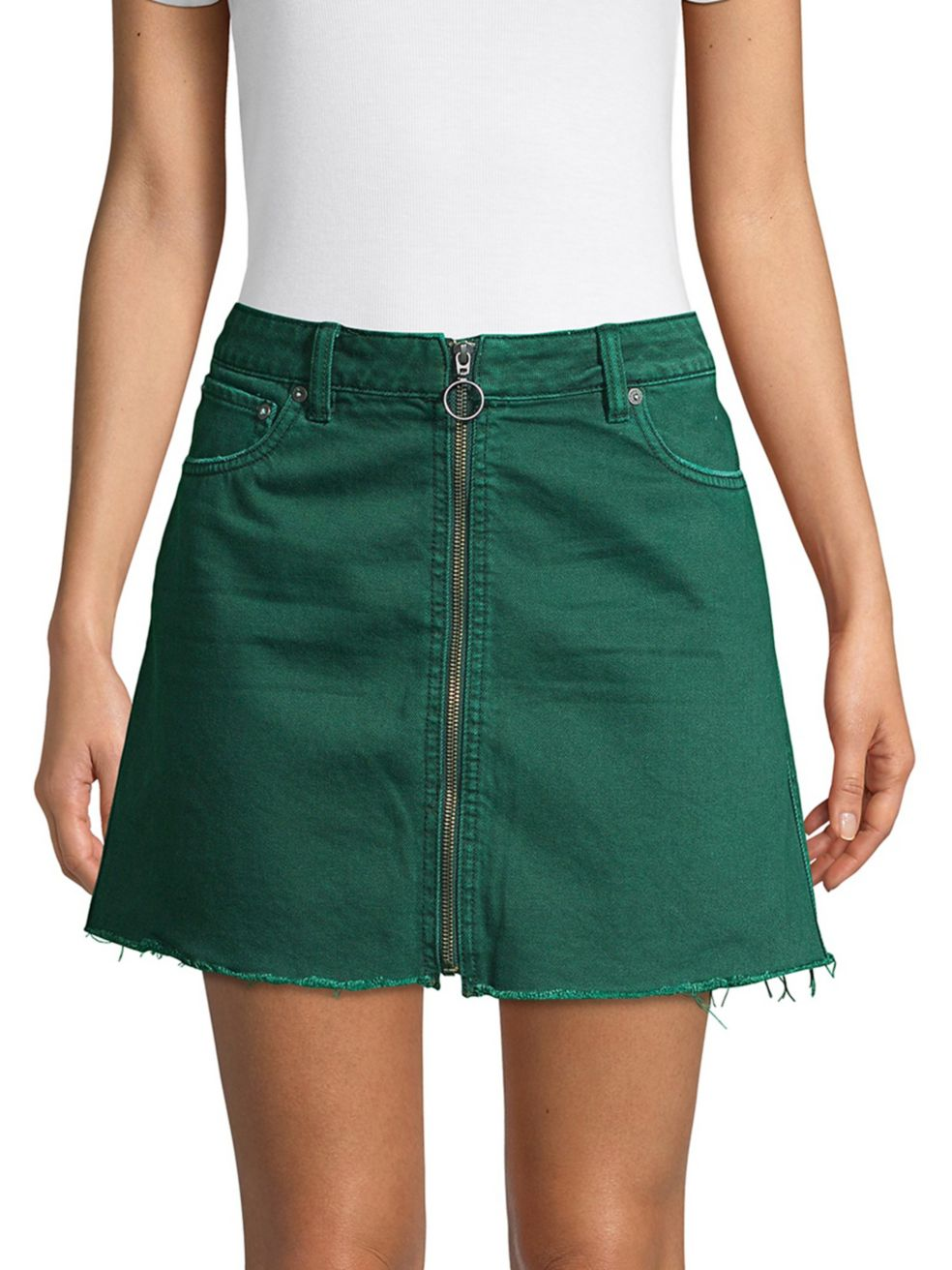 Free People - Front Zip It Up Denim Mini Skirt With Frayed Hem in Wilderness Green