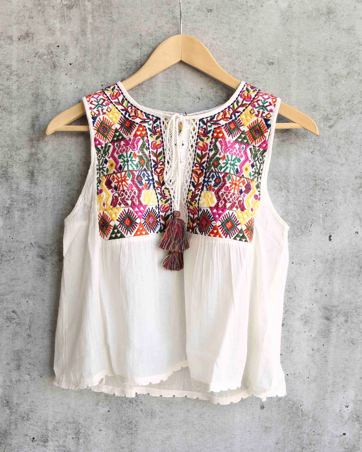 Free People - Lohri Embroidered Tassel Top in Ivory