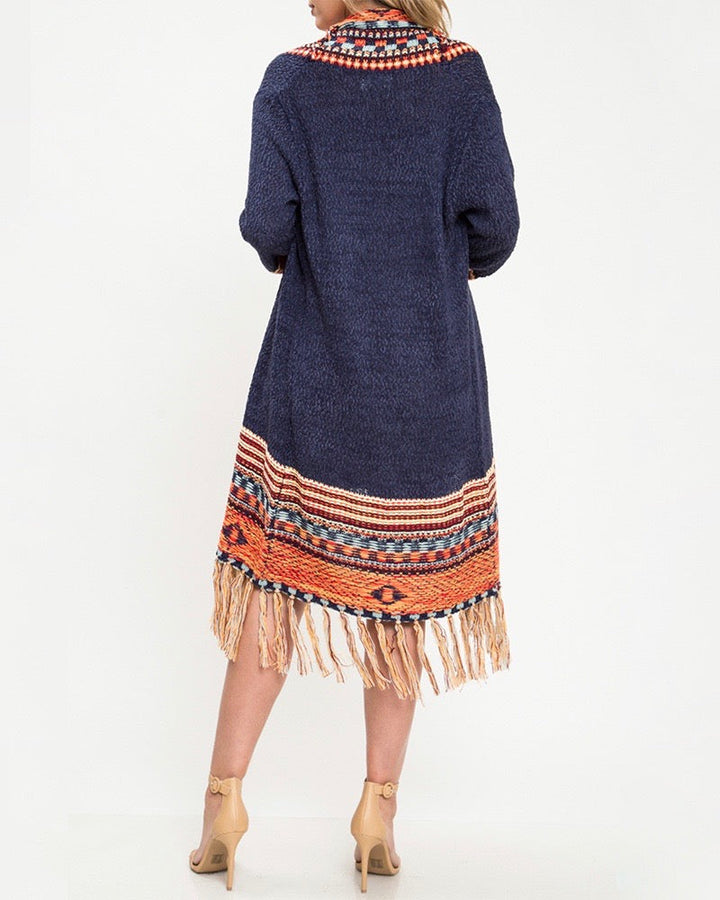 Open Front Fringe Cardigan in Navy