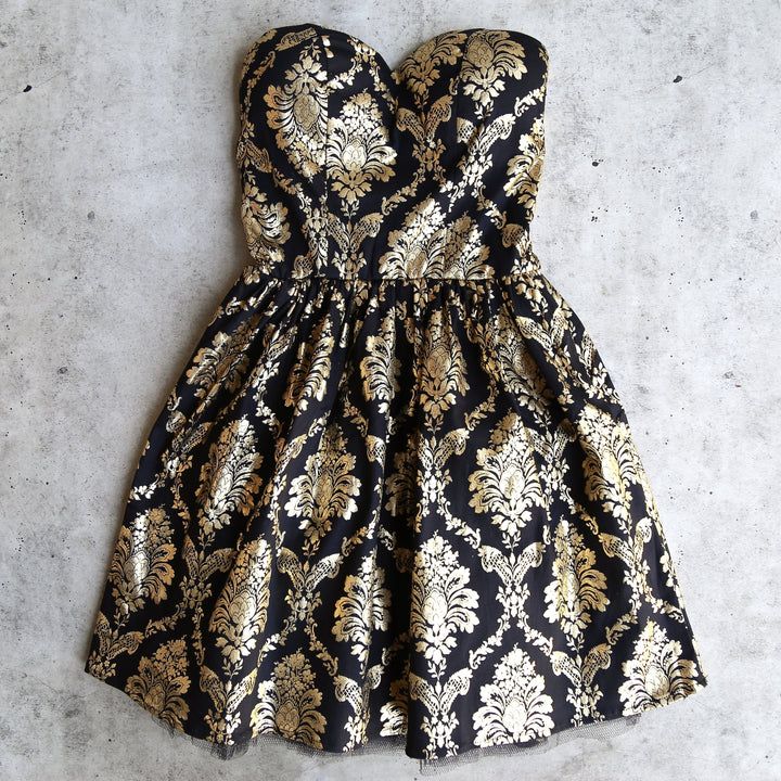 Final Sale - Strapless Gold Baroque Print Dress in Black