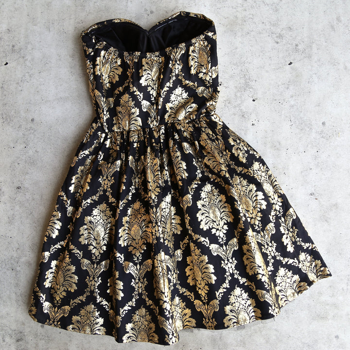 Final Sale - Strapless Gold Baroque Print Dress in Black