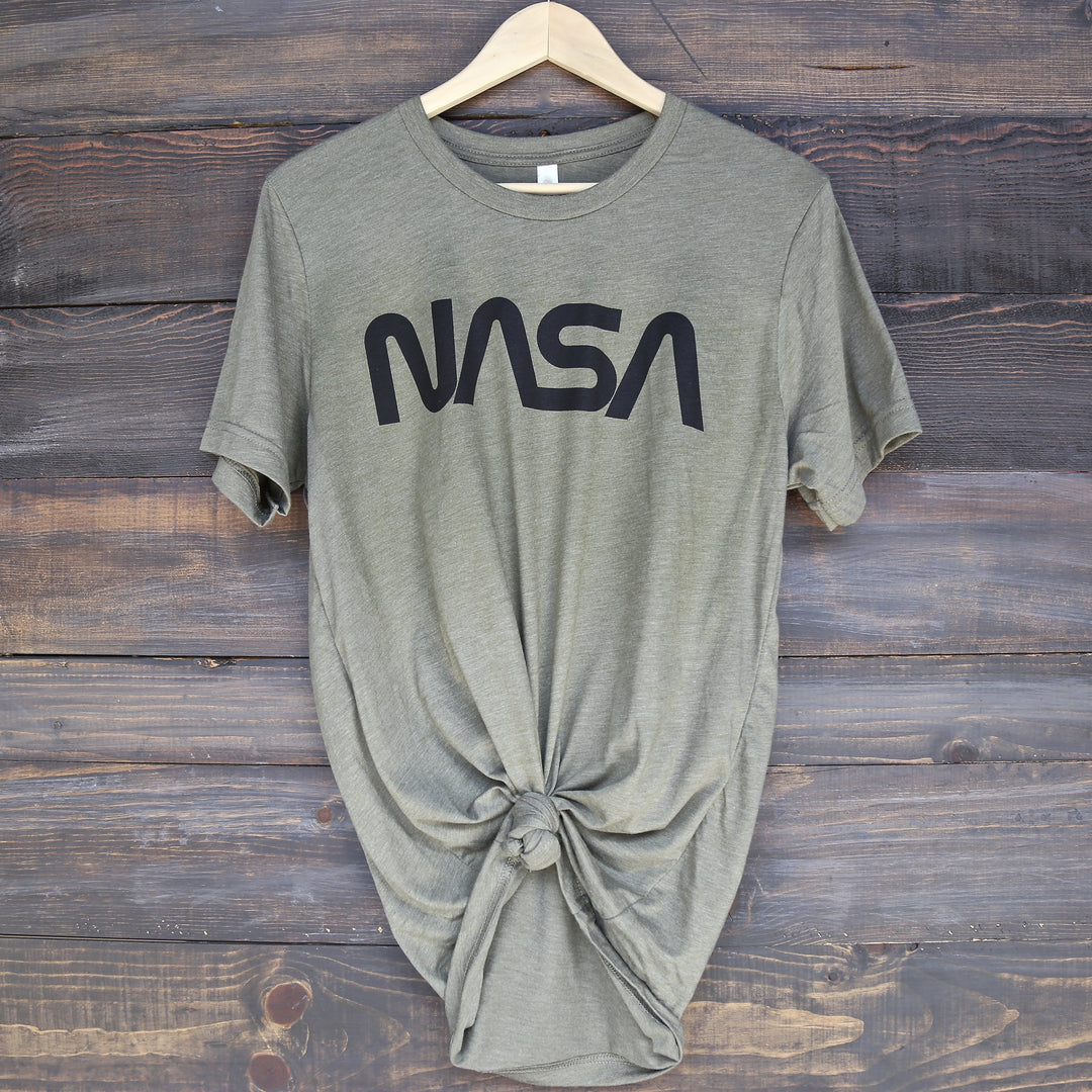 Distracted - Vintage/Retro NASA Worm Logo Unisex Graphic Tee in Olive/Black