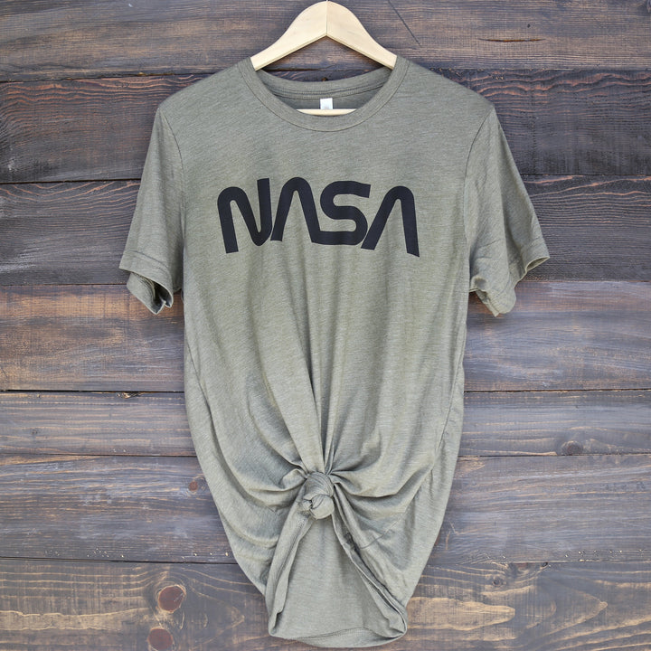 Distracted - Vintage/Retro NASA Worm Logo Unisex Graphic Tee in Olive/Black