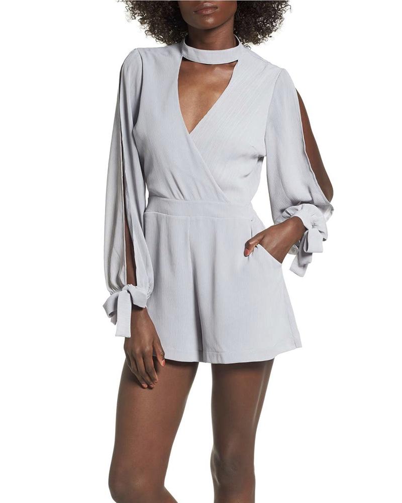 Final Sale - 4SI3NNA - Choker Collar Cold Shoulder Romper - Silver