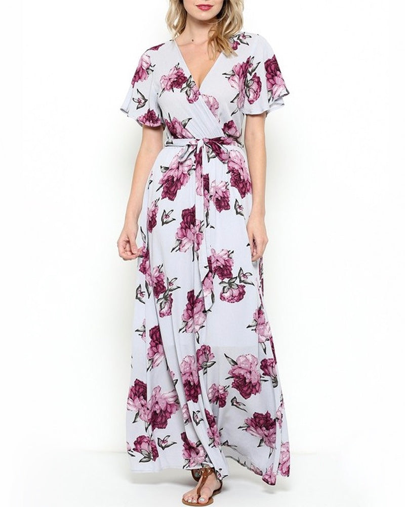 The Lone Traveler Floral Maxi Wrap Dress in Light Purple