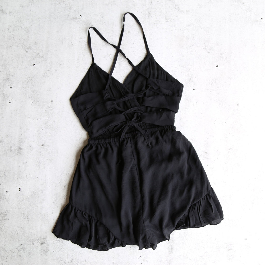 Paper Hearts - Roses For You Gauzy Open Back Romper with Ruffle Hem in More Colors