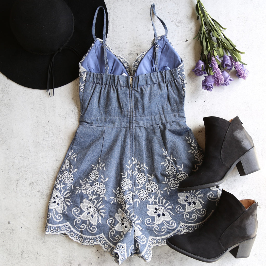 Night Rider Embroidered Romper - Denim