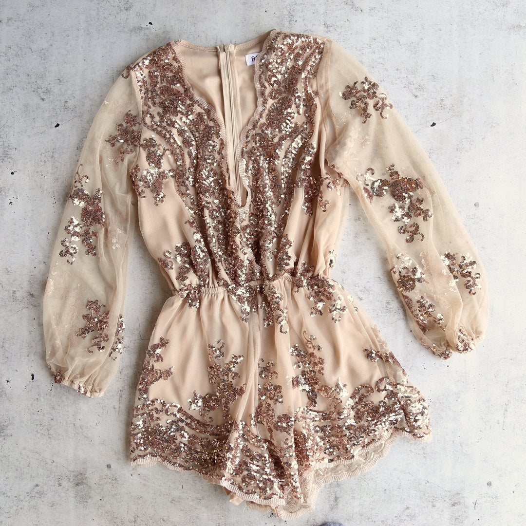 reverse - life of the party sequin romper rosegold gold