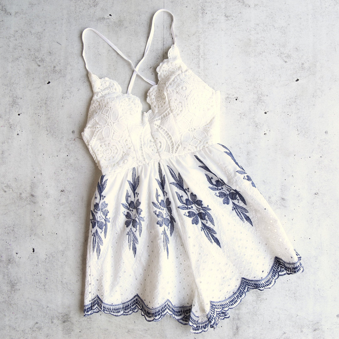 White + Navy Embroidery Crochet Open Back Romper