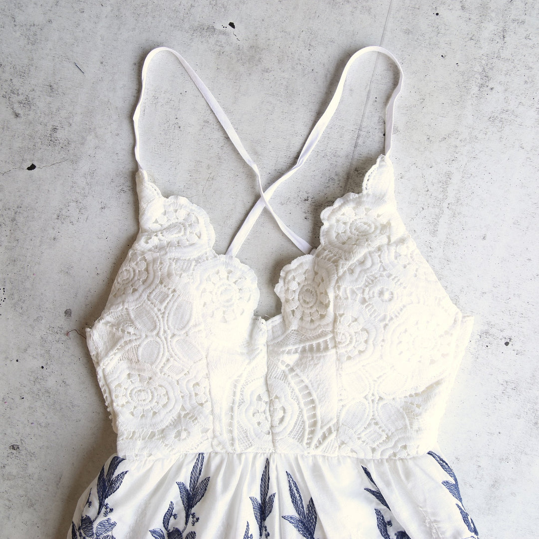 White + Navy Embroidery Crochet Open Back Romper