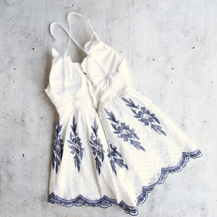 White + Navy Embroidery Crochet Open Back Romper