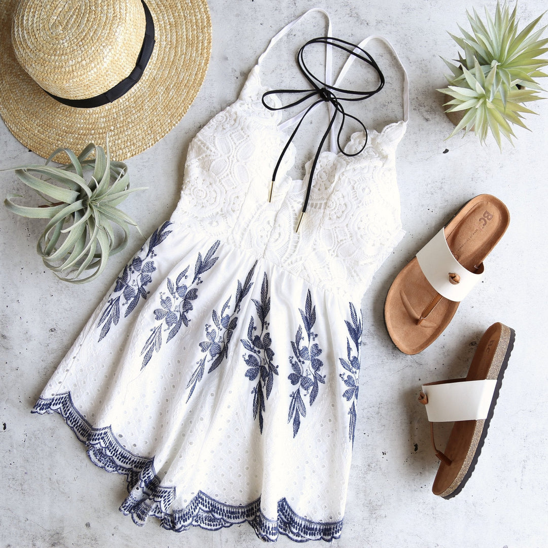 White + Navy Embroidery Crochet Open Back Romper