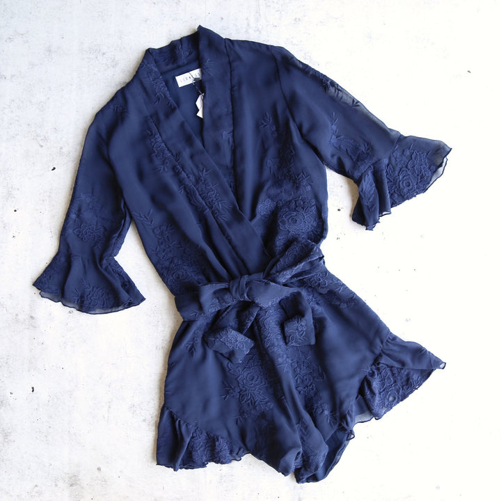 Lioness - Date Night Front Surplice Embroidered Romper in Navy