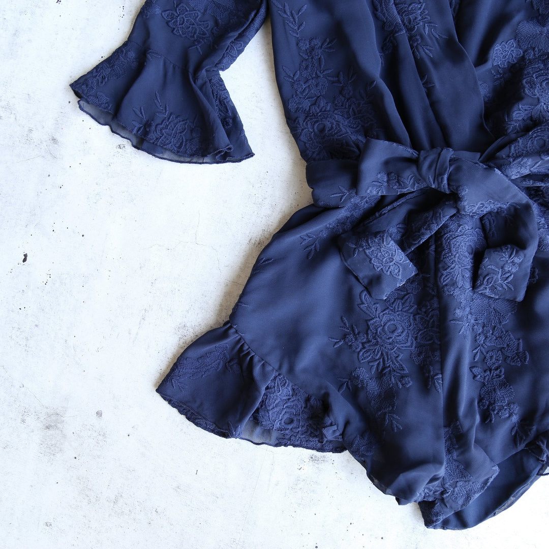 Lioness - Date Night Front Surplice Embroidered Romper in Navy