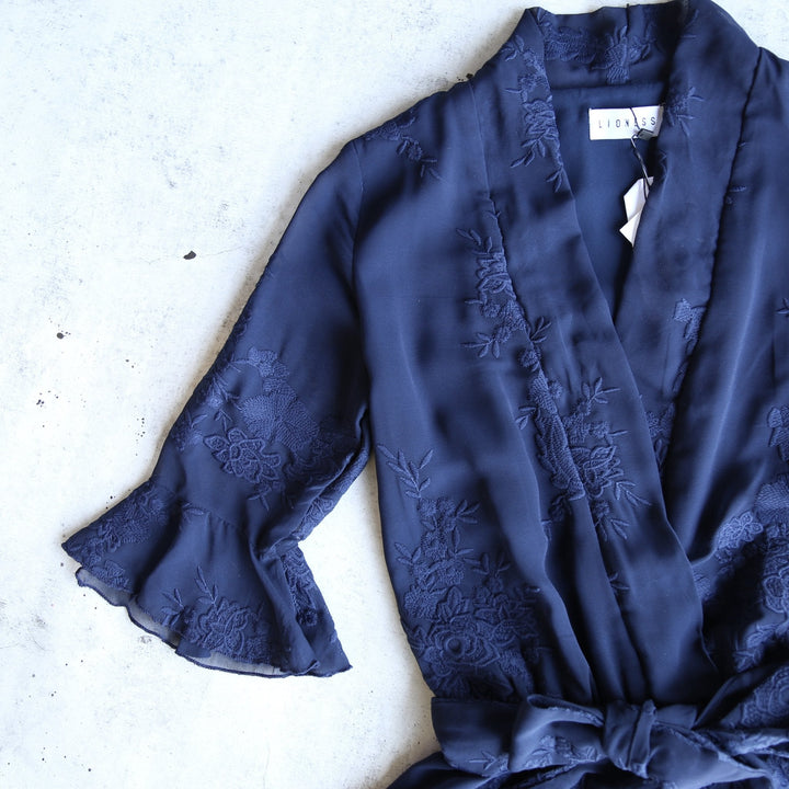 Lioness - Date Night Front Surplice Embroidered Romper in Navy