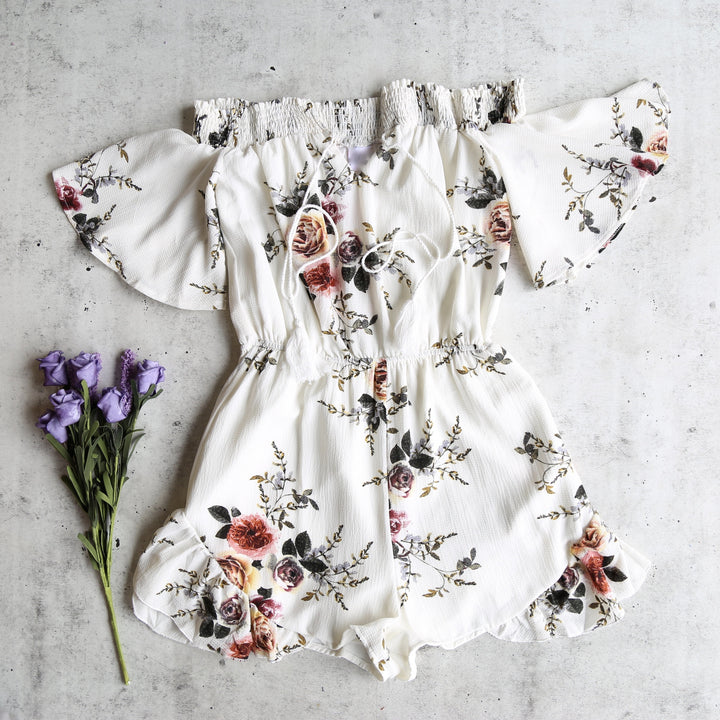 Running Late Off the Shoulder Floral Romper