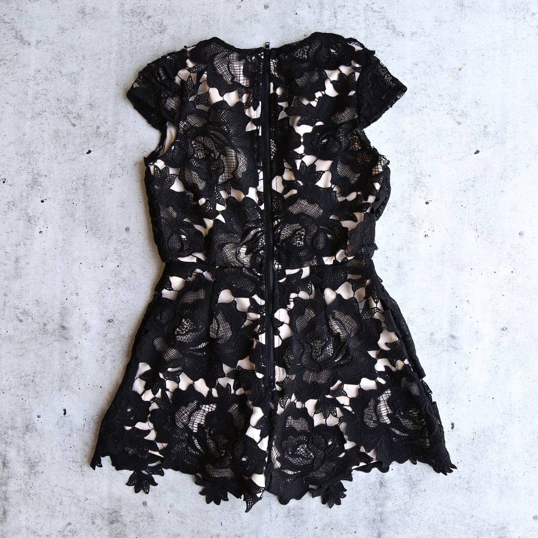 Lioness - Floral Applique Deep Plunge Tailored Romper in Black